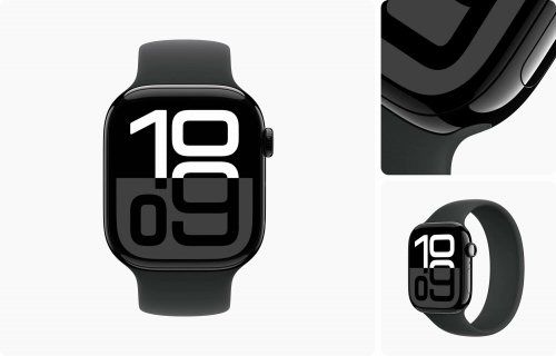 Часы Apple Watch Series 10, 42 мм, корпус из алюминия цвета «чёрный оникс», спортивный ремешок чёрного цвета, размер S/M (MWWE3)