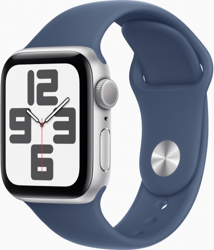 Часы Apple Watch SE 2024, 40 мм, корпус из алюминия серебристого цвета, спортивный ремешок джинсового цвета, размер S/M (MXEC3)